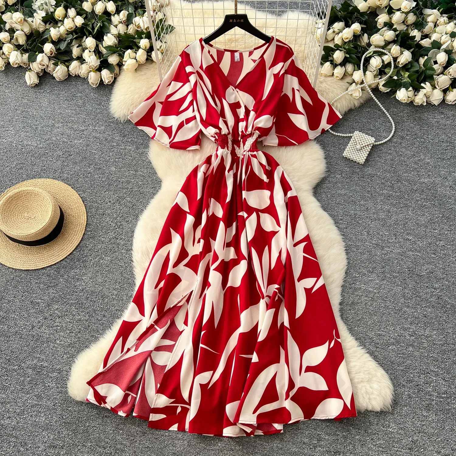 Letnia plaża damska sukienka w kwiaty letnia nowa długa sukienka Maxi elegancka swobodna sukienka z nadrukiem w liście Vestidos kobieta