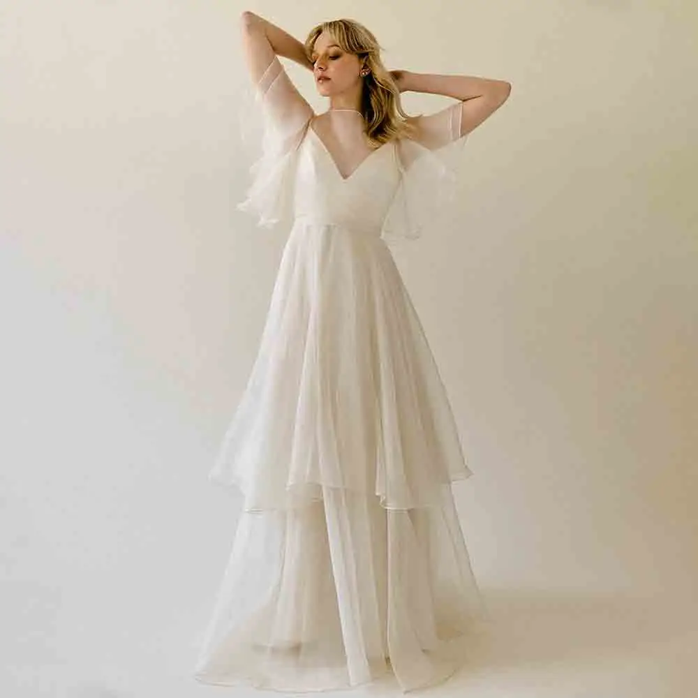 

Sheer Neck Chiffon Puffy Wedding Dress for Women Ruffles Sleeve A-line Tiered Court Wedding Party Gown vestido novias boda