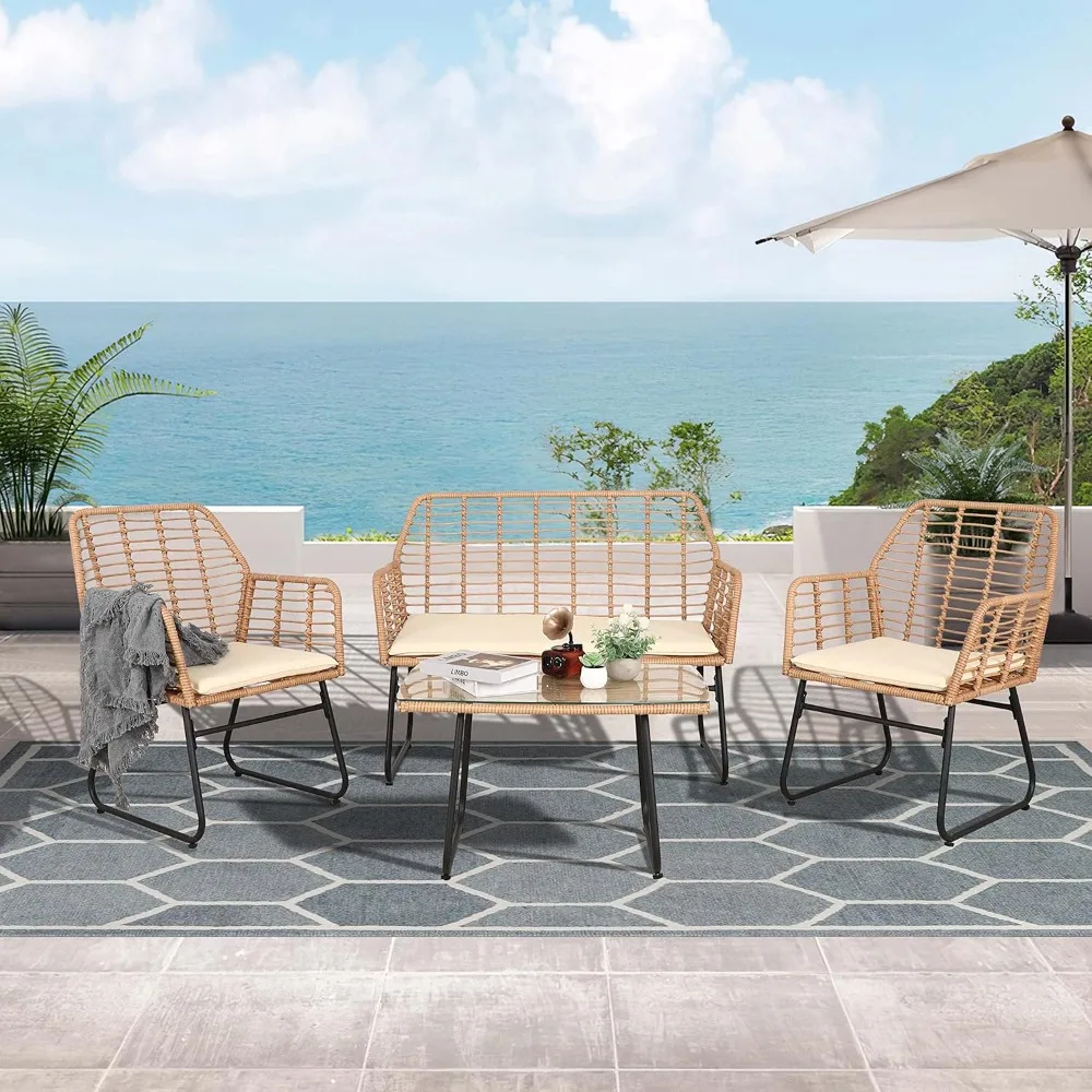 Wicker Patio Conversation Sets 4 Piece , Srurdy & Durable, Water Resistant, Durable Cushions, Tempered Glass, Garden Sofas