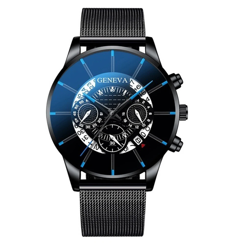 Homens Geneva Black Steel Mesh Band Watch, Quartz Relógios de pulso, Calendário, Relógios esportivos, Novo, 2023