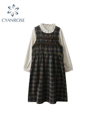 Women Elegant Plaid Dress Sets Vintage Sleeveless Long Dress and Long Sleeve Shirt Y2k Kawaii Fashion Vintage 2000s Clothes 2023