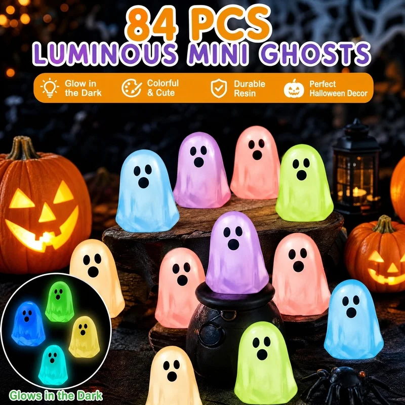 Halloween Luminous Mini Resin Ghosts 84 Pcs Diy Decorative Accessories Micro Landscape Ornaments Party Supplies