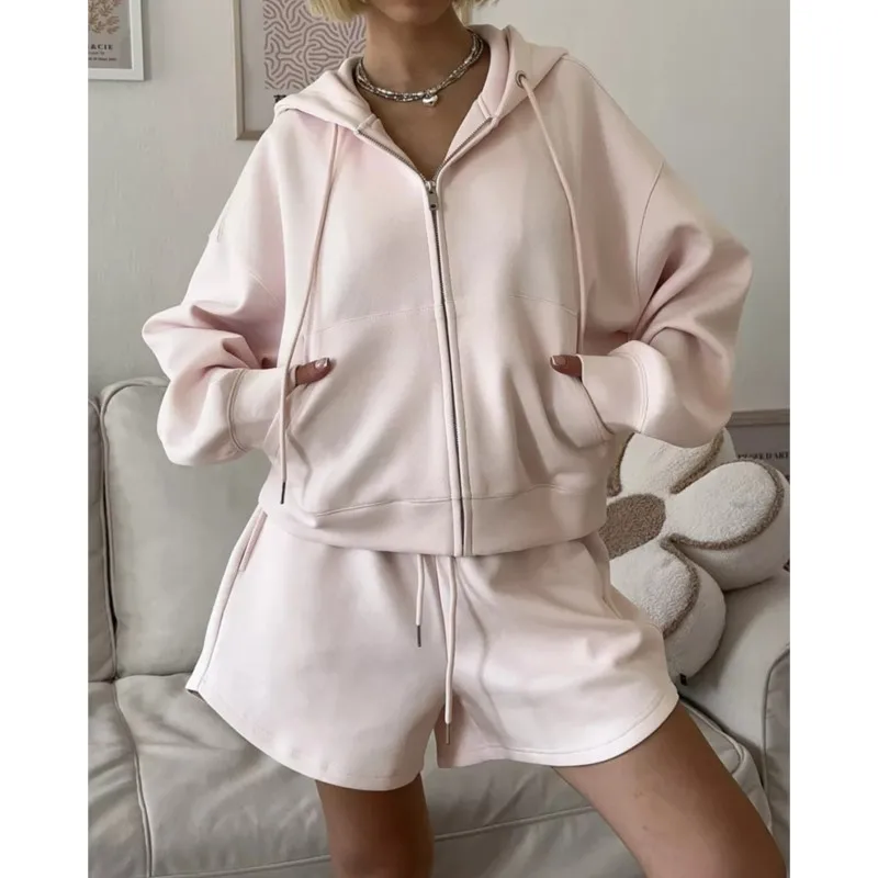 

2025 Spring Fall Fashion Sport Sets Women's Simple Cardigan Hooded Top & Shorts Set Two-piece Casual Tracksuit Streetwear 2pcs