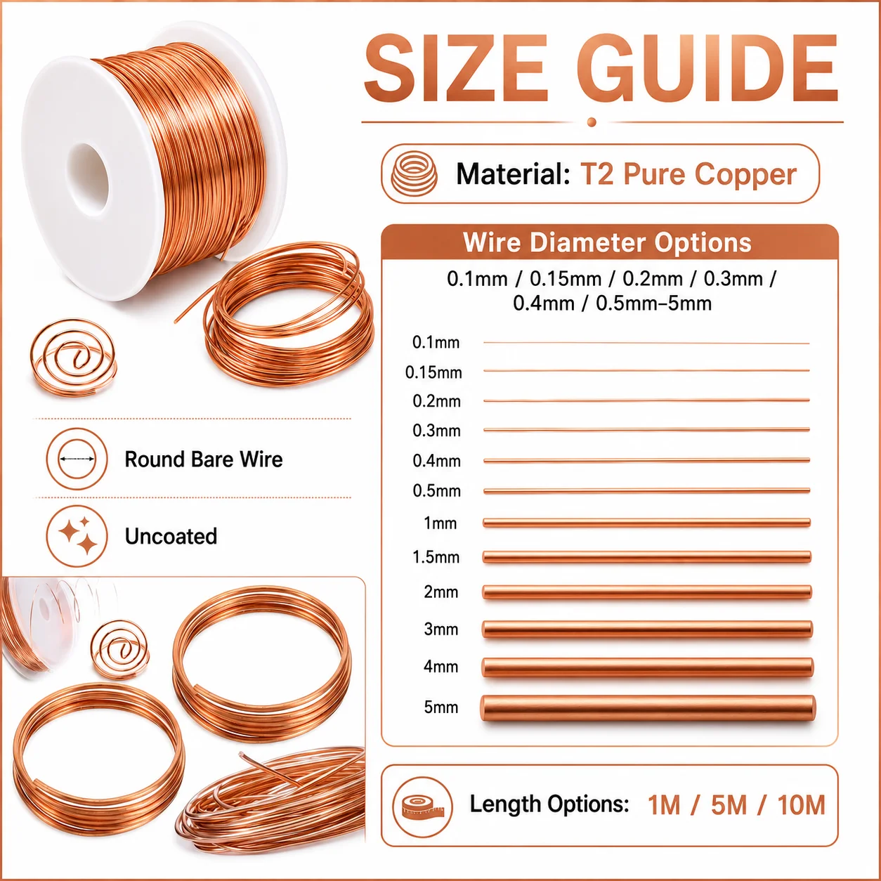 1/3roll T2 Copper Wire (0.1mm-5mm) Bare Copper Wire Conductive Electrical for Gardening Jewelry Making DIY Art Bare Copper wire