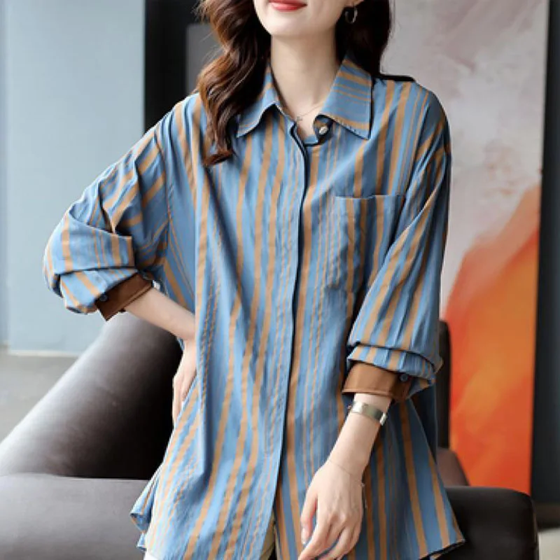 New Female Versatile Shirt Tops Coat 2024 Women Stripe Blouse Jacket Ladies Early Spring Temperament Stripe Blousees Outerwear