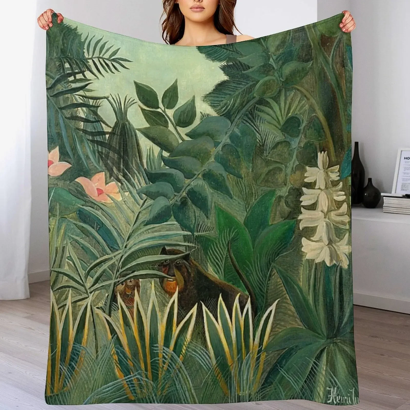 Henri Rousseau - The Equatorial Jungle Throw Blanket bed plaid Bed linens Blankets