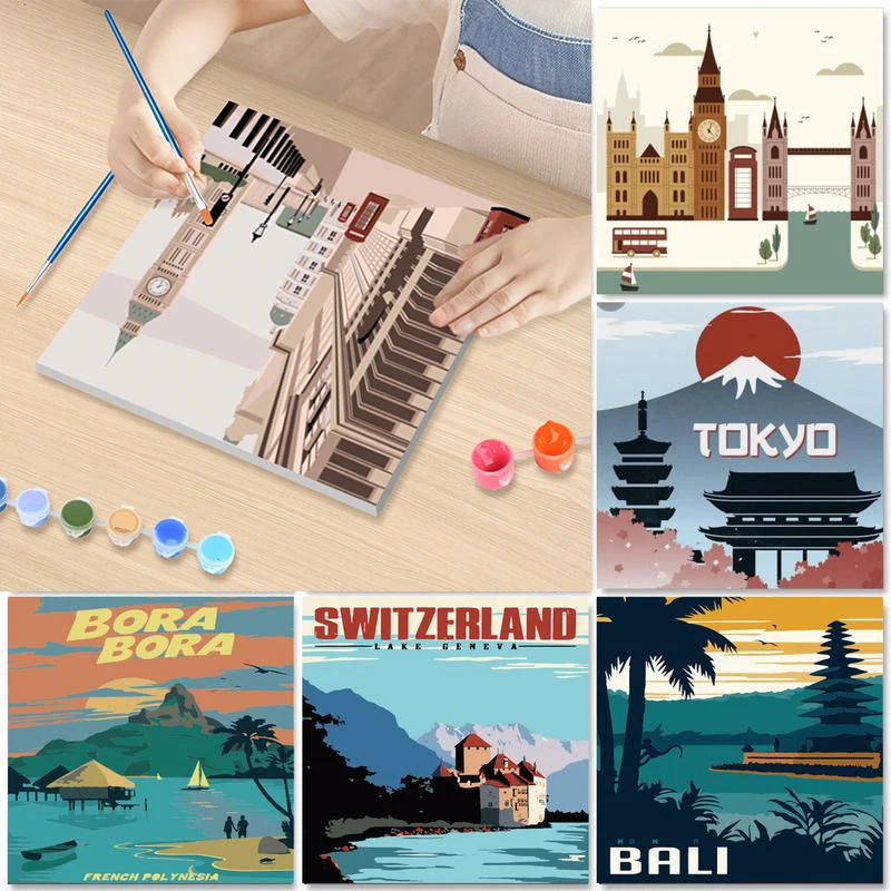 

20x20cm Framed City Scenery Paint By Numbers Handpainted Painting With Numbers Landscape Modern Wall Art Picture With Numbers