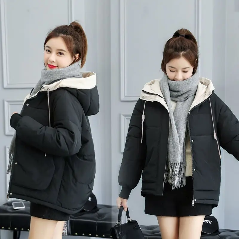 Hooded Parkas ผู้หญิงหนาสไตล์เกาหลีหลวมฤดูหนาว WARM Solid Simple Office LADIES อินเทรนด์ All-Match ออกแบบกระเป๋า