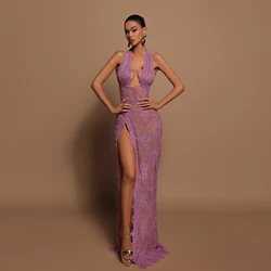 Sexy Lace Sheath Long Evening Dress Lilac Deep V-Neck Transparent Party Dresses Backless Special Occasion Dress