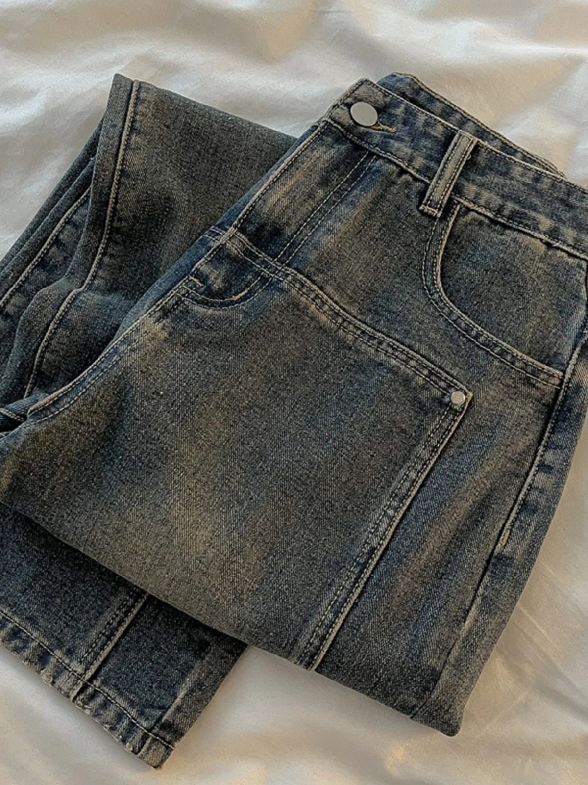 

Retro Waed Denim Jeans Men's Spring 2026 New Design Loose Wide Leg Casual Pants Trendy Youth ular Straight Cut Long Trou...