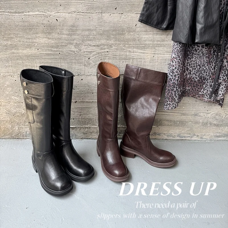 2026 autumn winter women mid-calf boots natural leather 22-25cm split leather+Lycra+pigskin/plush round toe button women boots