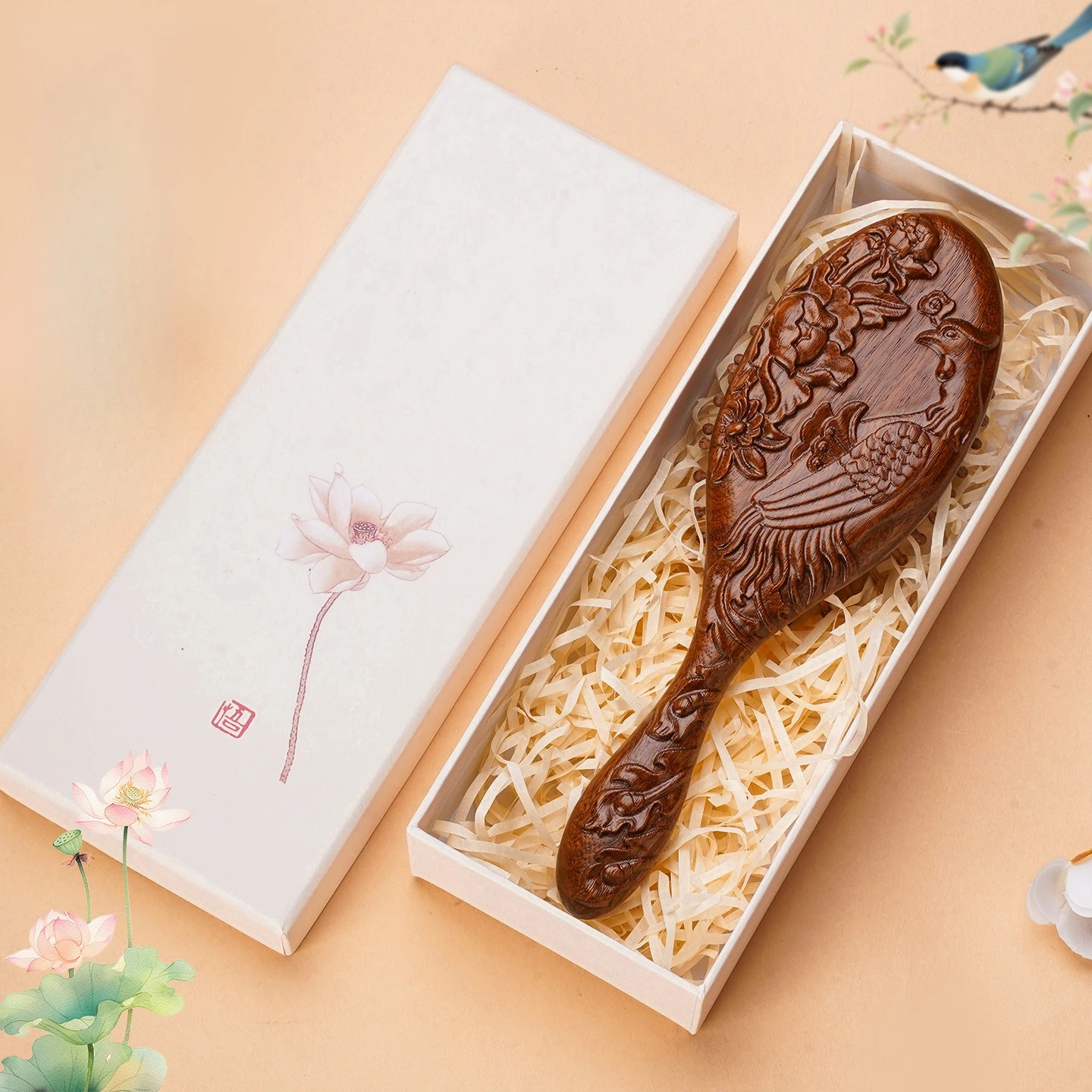 

Hand-Carved Golden Sandalwood Air Cushion Hair Brush Woman's Gift Wedding Souvenir Large Carved Cushion Comb