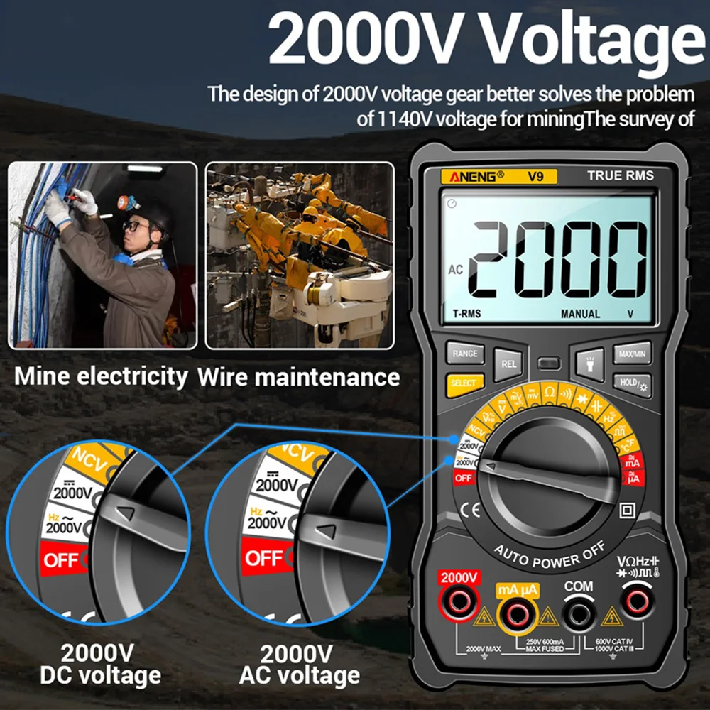 V9 LCD Digital Multimeter 6000 Counts Voltage Test Current Tester Backlight Display with Buzzer 2000V High Voltage Measurement