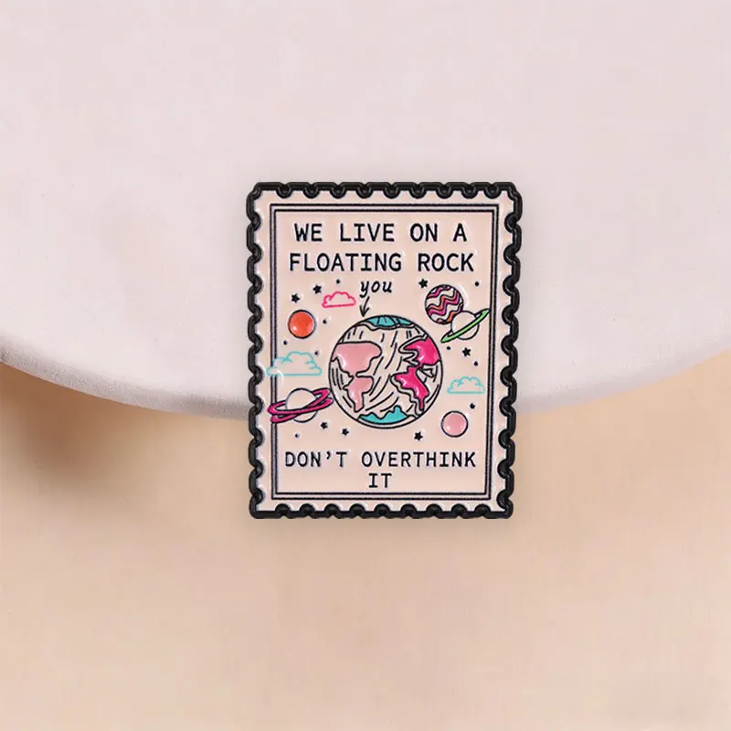 Don’t Overthink It Enamel Badge Retro Stamp Planets Earth Pin Anti‑overthink Mental Health Brooch Lapel Bags Decor Jewelry Gift