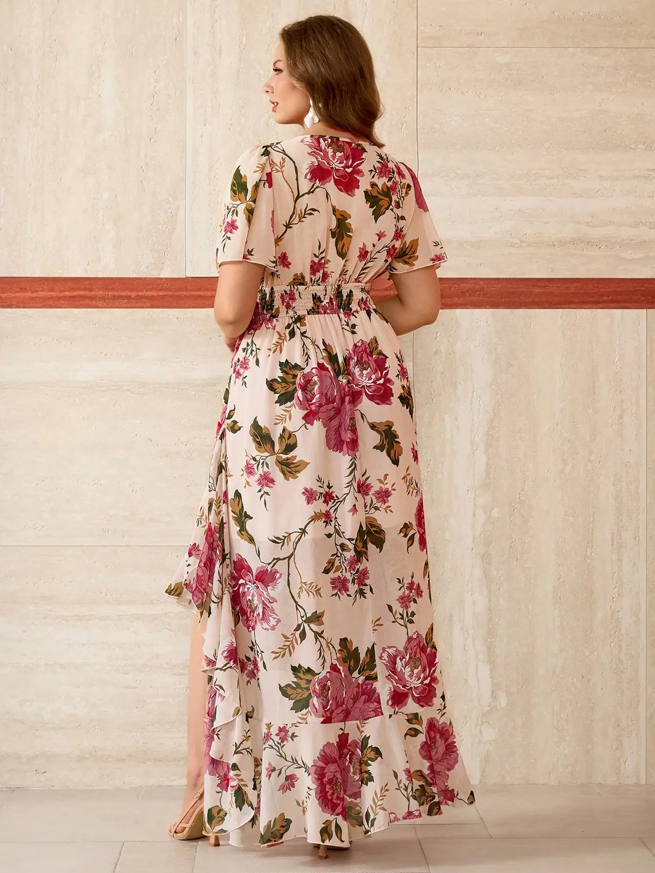 

Plus Size V-Neck Chiffon Floral Print Ruffle Sleeve Asymmetrical Hem Maxi Dress For Party Holiday