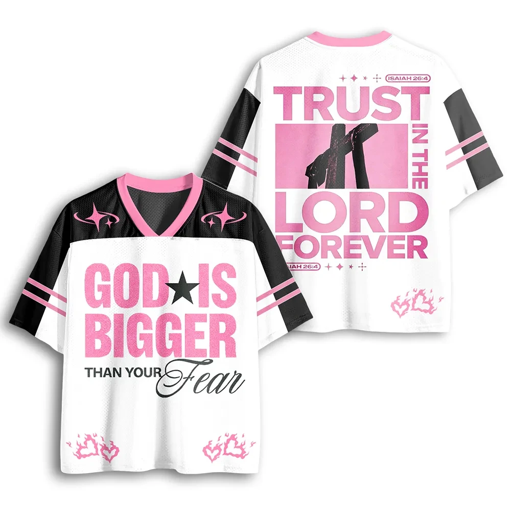 Popular V‑Neck Mesh Sports Jersey Inspirational Slogan Double Sided Print Heart Flame Faith Street Graphic Short Sleeve Tops