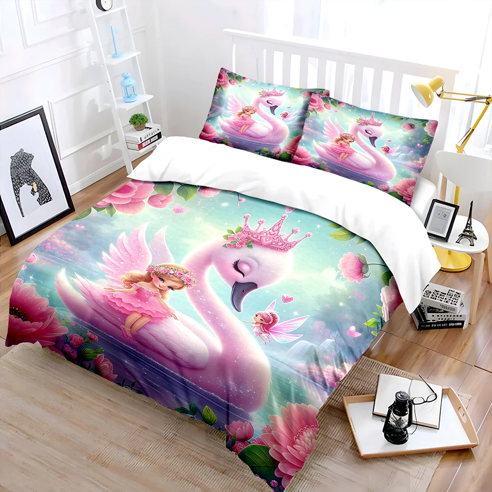 Dreamy Swan and Fairyland Girl Print Bedding Set 1 Duvet Cover 2 Pillowcases for Adult and Children Luxury Gift Full Size
