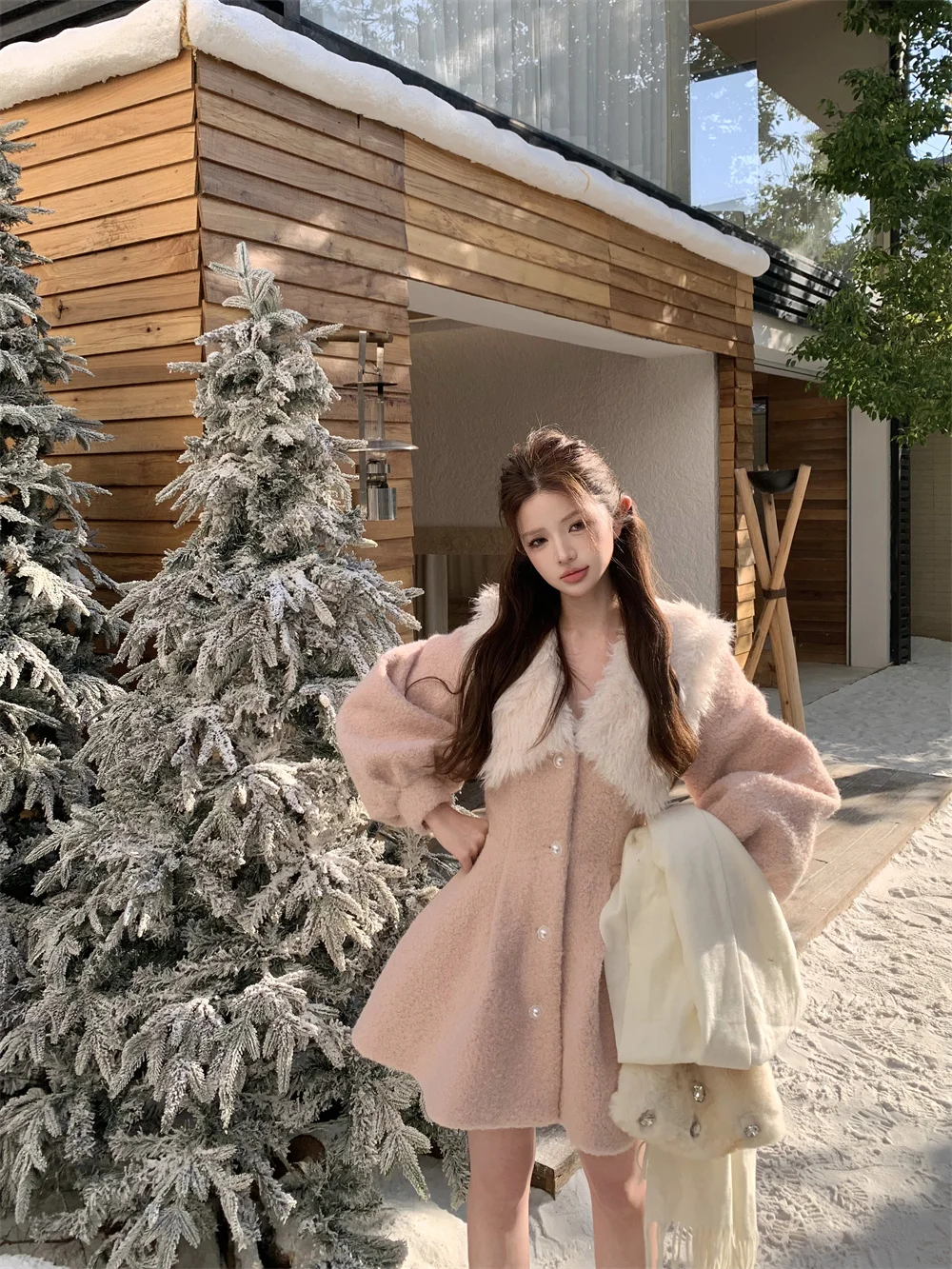 Retro Pink Woollen Coat For Women's With Cotton Padding Fur Collar Thickened Warm Midi Skirt New Elegance Luxury Ladies Outwear