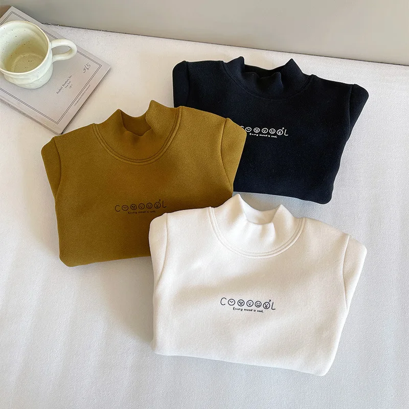 

Kids Clothes Bottoming Shirt New Korean-style Mid-neck Fleece Warm-up T-shirt Winter Boys and Girls Warm Tops