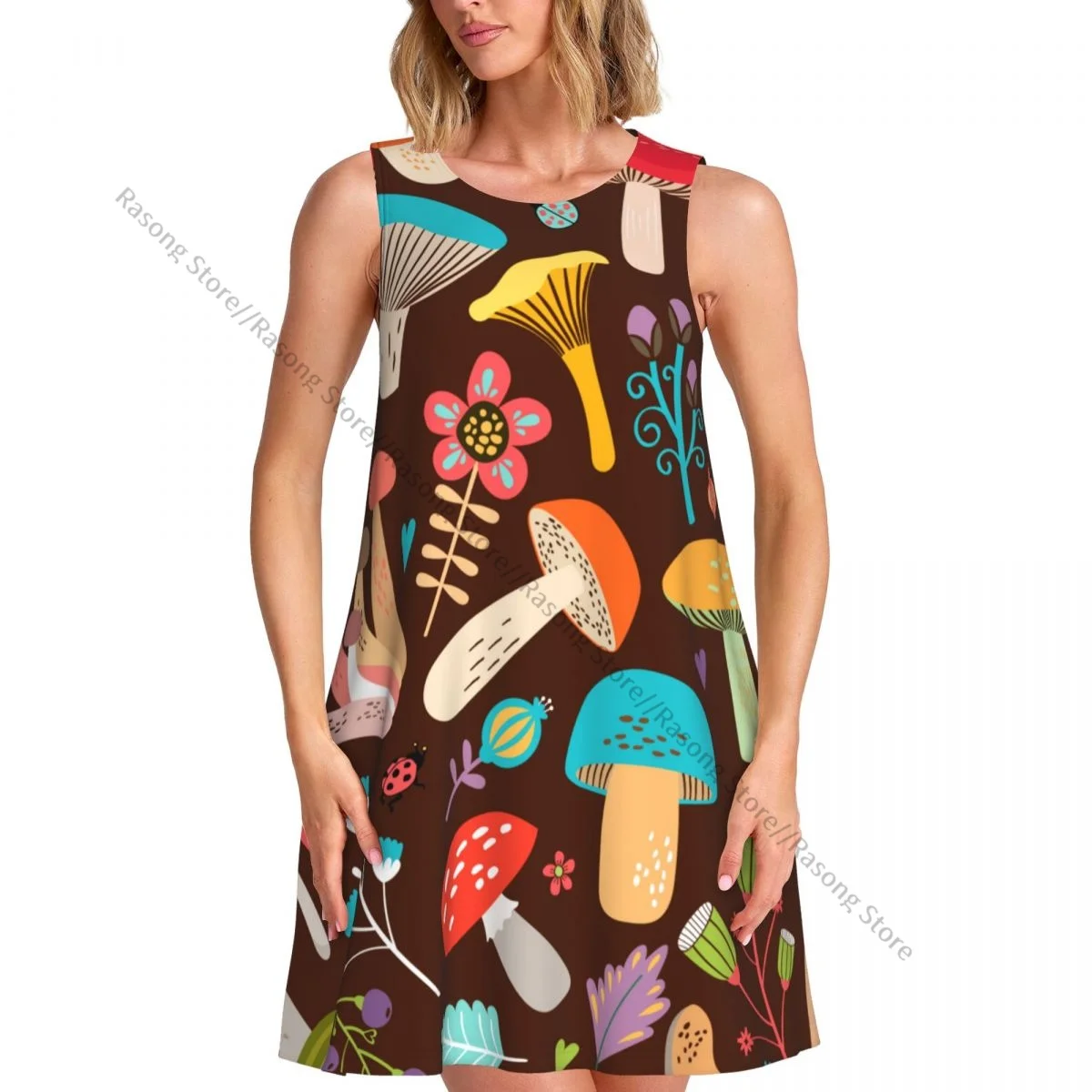 女性のドレス夏カジュアル T シャツドレスビーチカバーアップ漫画の葉キノコタンクドレス
