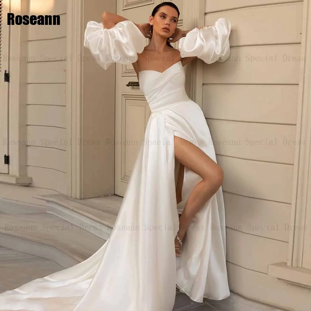 Robe de mariée trapèze personnalisée, sans manches, manches bouffantes, drapée, plissée, fendue sur le devant, dos ouvert, robes de mariée en Satin