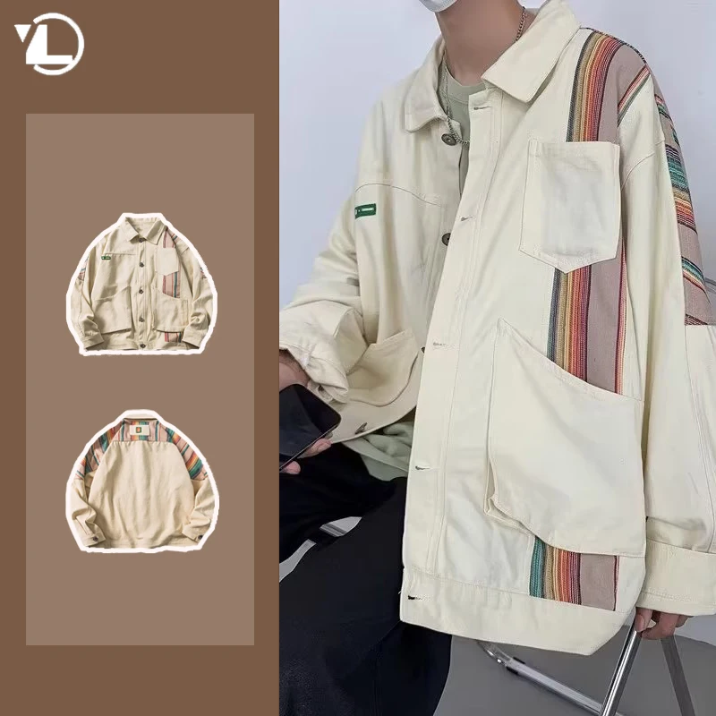 

Spring Casual Patchwork Jacket Mens Colorful Striped Multi Pocket Harajuku Tooling Coats Vintage Oversized Khaki Outwear New