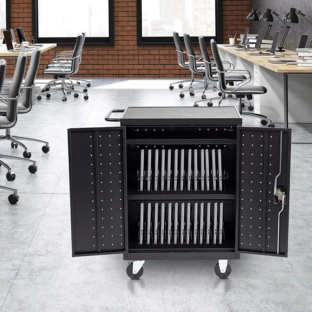 Troli Pengisian Daya dan Penyimpanan Bergerak 30 Bay untuk iPad, Chromebook, dan Komputer Laptop, Ukuran Layar Hingga 13 inci, Perlindungan dari Lonjakan Arus