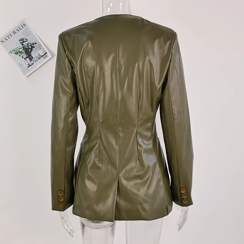 グリーンヴィンテージレザーVネックシングルボタンギャザーウエストブレザージャケット2025秋ファッションレディースハイストリートコート