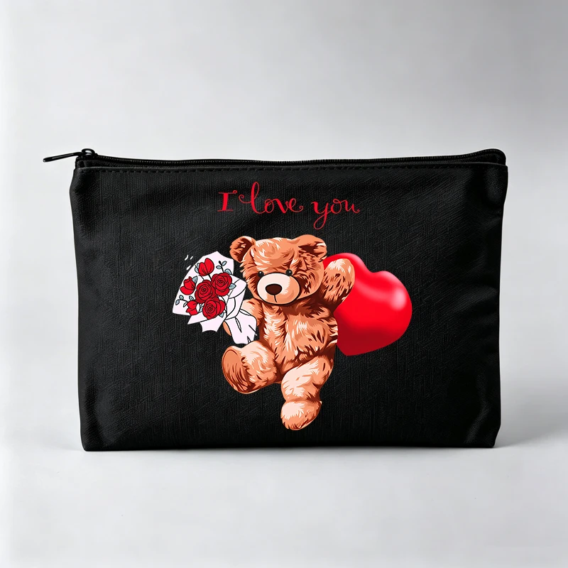 Women's Teddy Bear with Roses and Heart Print Makeup Bag, Zipper Cosmetic Pouch for Daily Use