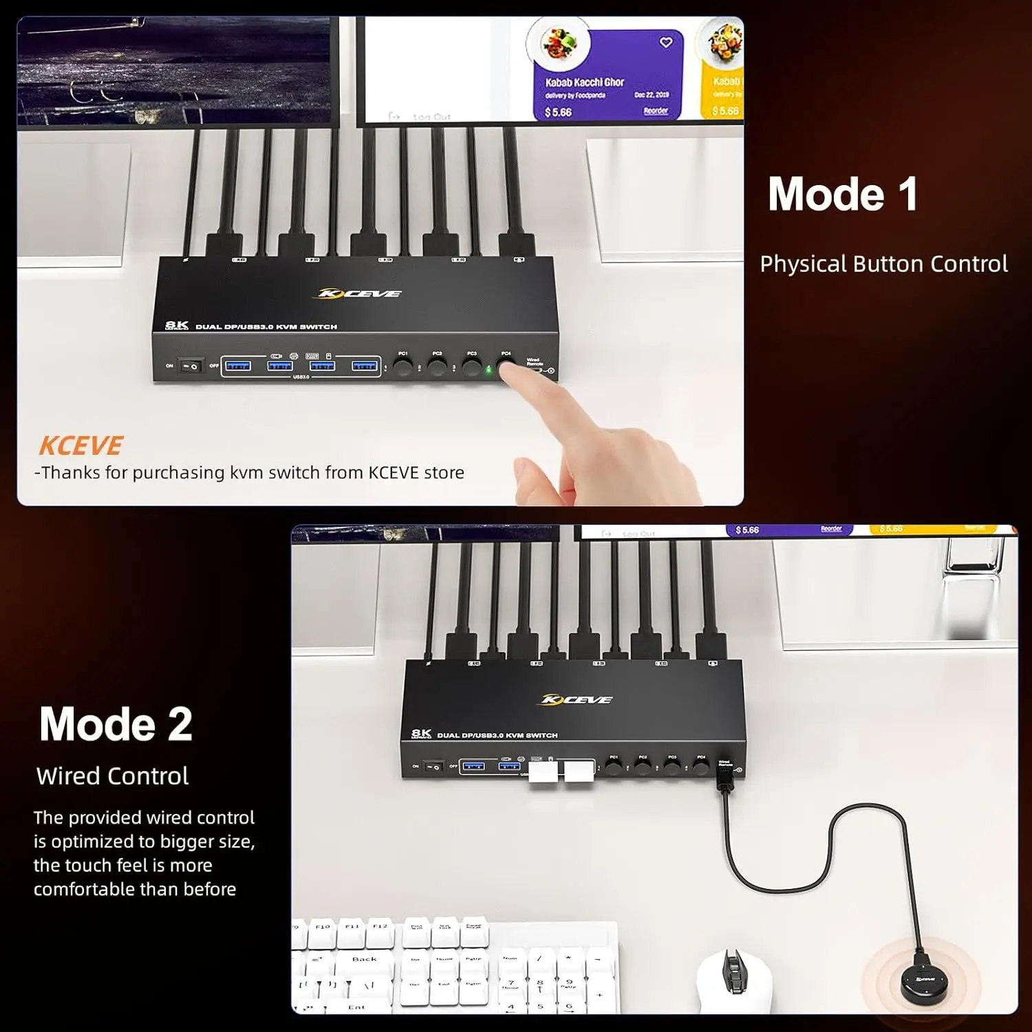 KCEVE KVM Switch 4 Computer 2 Monitors Displayport USB 3.0 KVM Switcher Supports 4K@60Hz for 4 DP Computers Share 2 DP Monitors