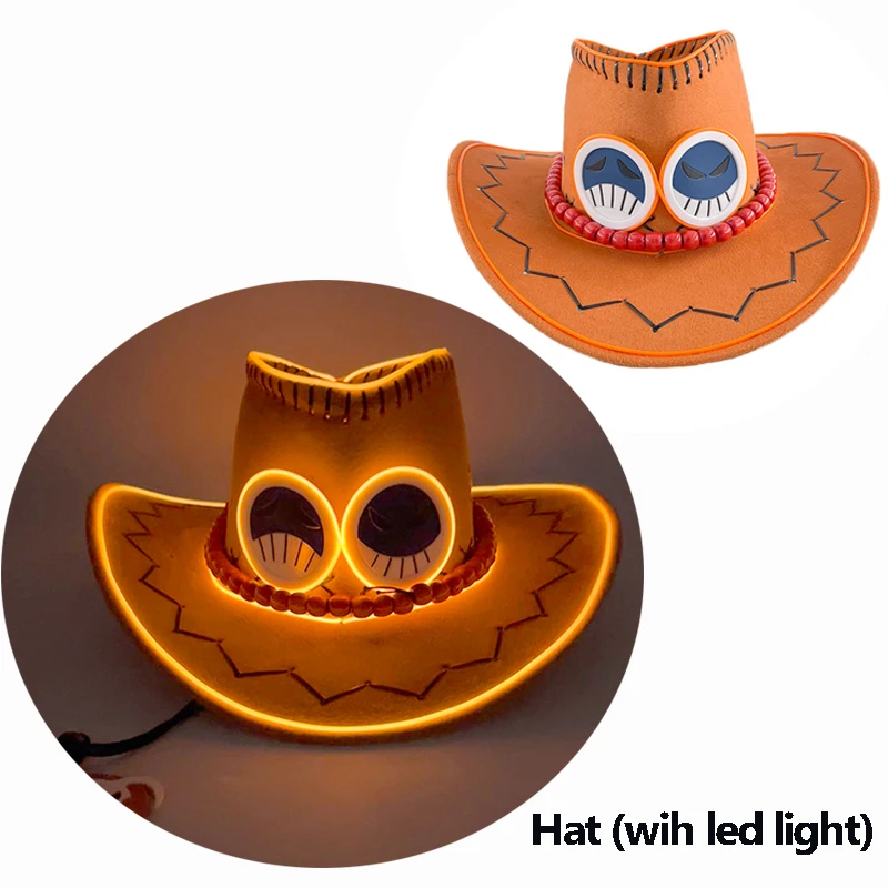 Sombrero de vaquero con luz LED de neón para hombre y mujer, gorro naranja para Halloween, Cosplay de pirata, Rey, Portgas, D Ace, Rave, noche