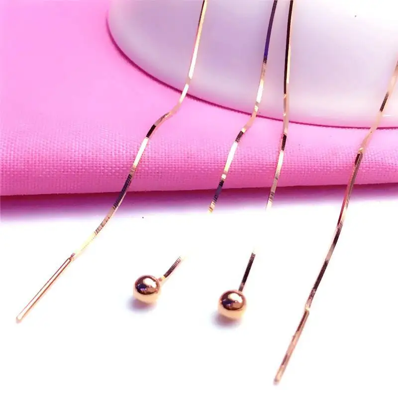 585 purple gold small round bead long soft chain earrings for women 14K rose gold shiny Ear line light luxury party jewelry