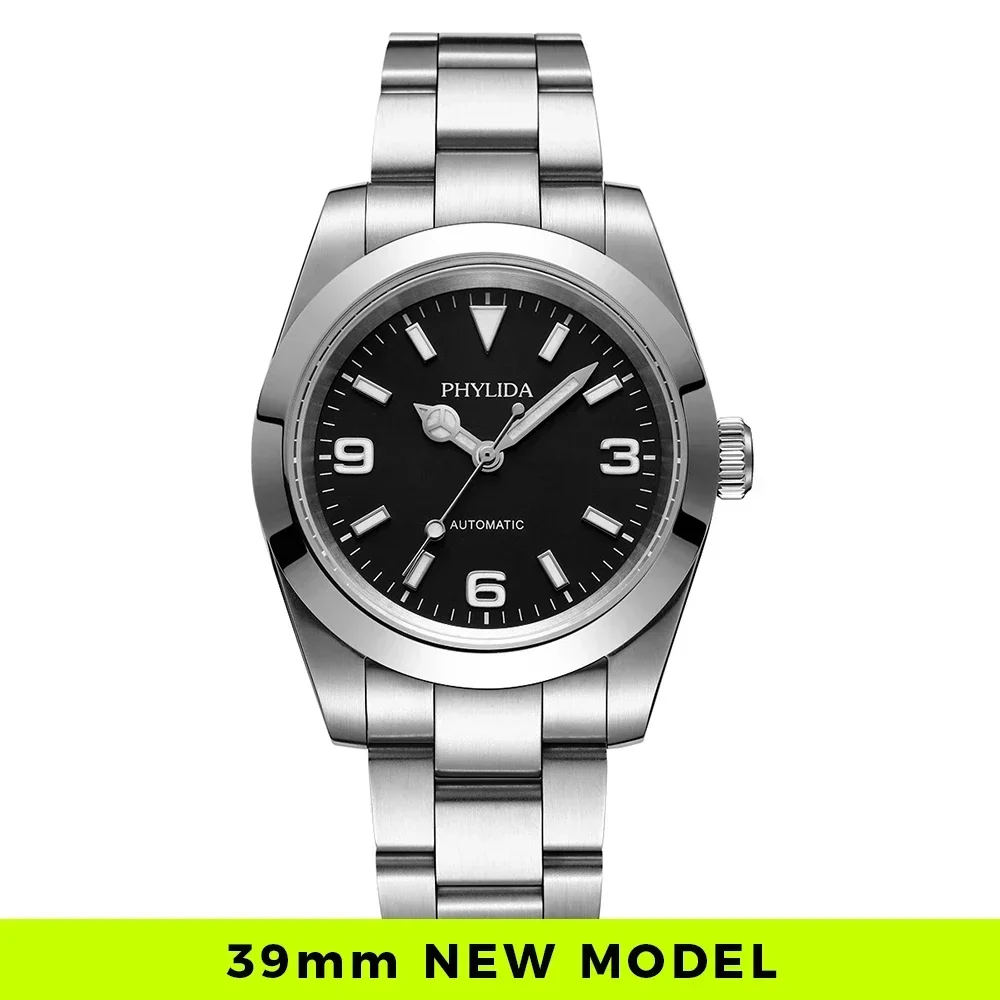 PHYLIDA 39mm Automatic Mechanical Luxury Watch Explore Black Dial 100M Water Resistant Brushed Bracelet