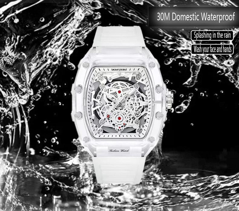 Kimsdun Luxe Mannen Horloge Skelet Mannelijke Quartz Polshorloge Mode Witte Sport Mannen Siliconen Horloges Business Man Steampunk Klok