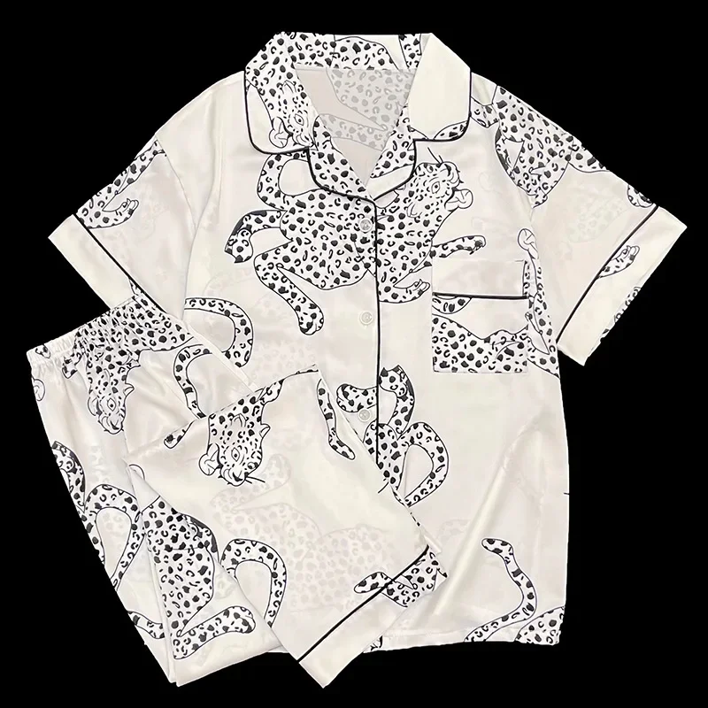 Conjunto de Pijama con estampado de leopardo para Mujer, ropa de dormir de satén de seda sintética, de manga corta, para primavera y verano, 2 piezas