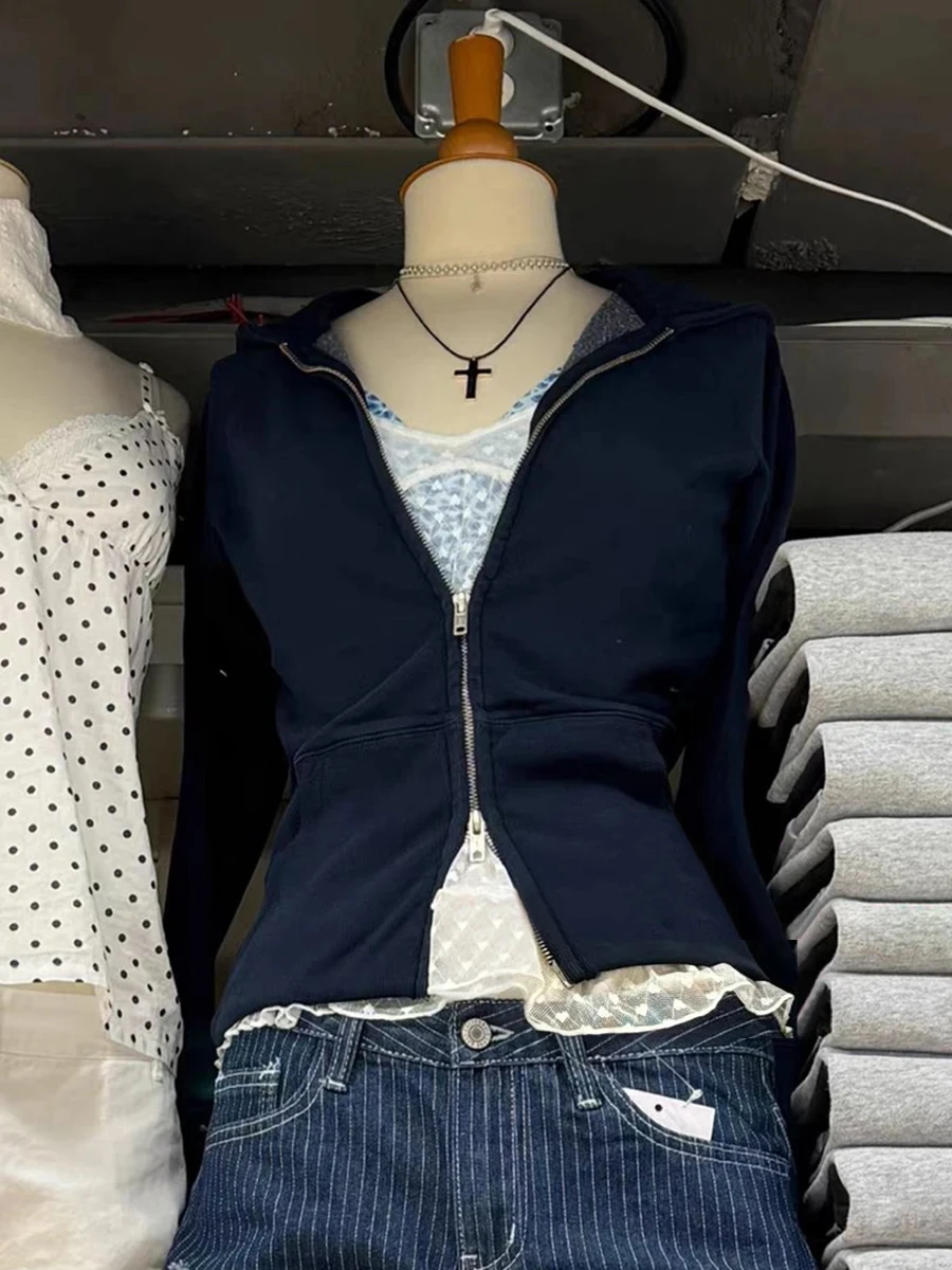 

Navy Ribbed Zipper Hoodie Women Autumn New Long Sleeve Pocket Cotton Hooded Sweatshirts Preppy Style Solid Slim Jacket Y2k Tops