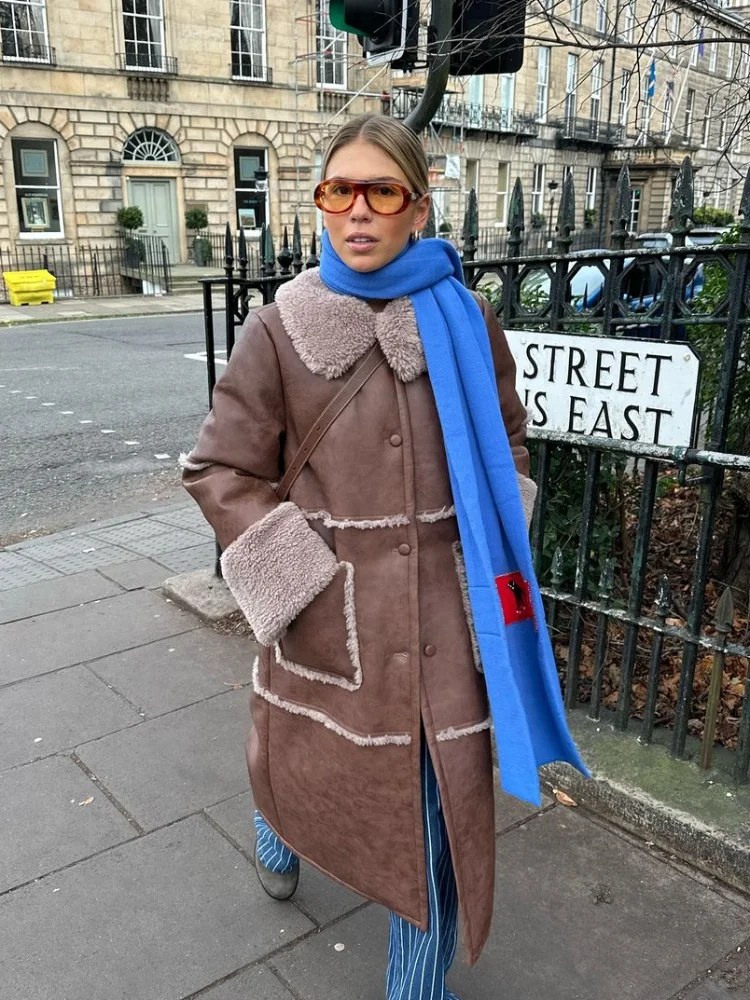 

Women Lapel Plush Collar Patchwork Leather Jacket Fashion Single Breasted Full Sleeve Loose Long Overcoat 2025 Lady Winter Wear