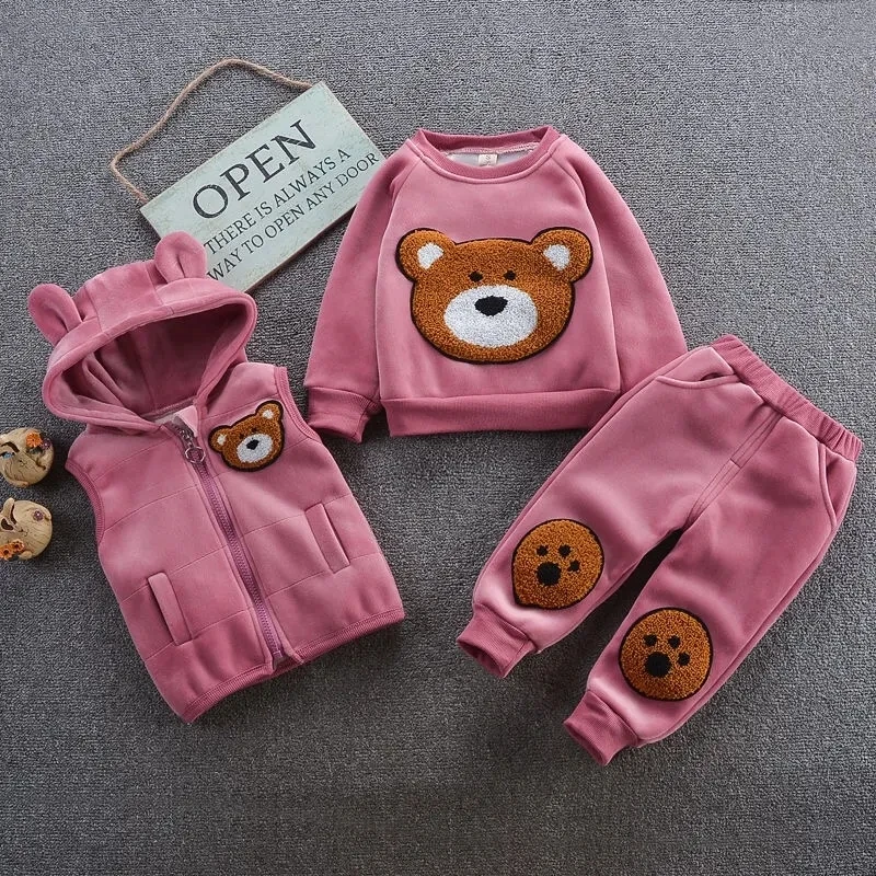 Plush Lined Kids Tracksuit Outfit Warm Hooded Vest + Thicken Cartoon O Neck Tops + Boys/Girls Jogger Pants Winter 3 Piece Sets