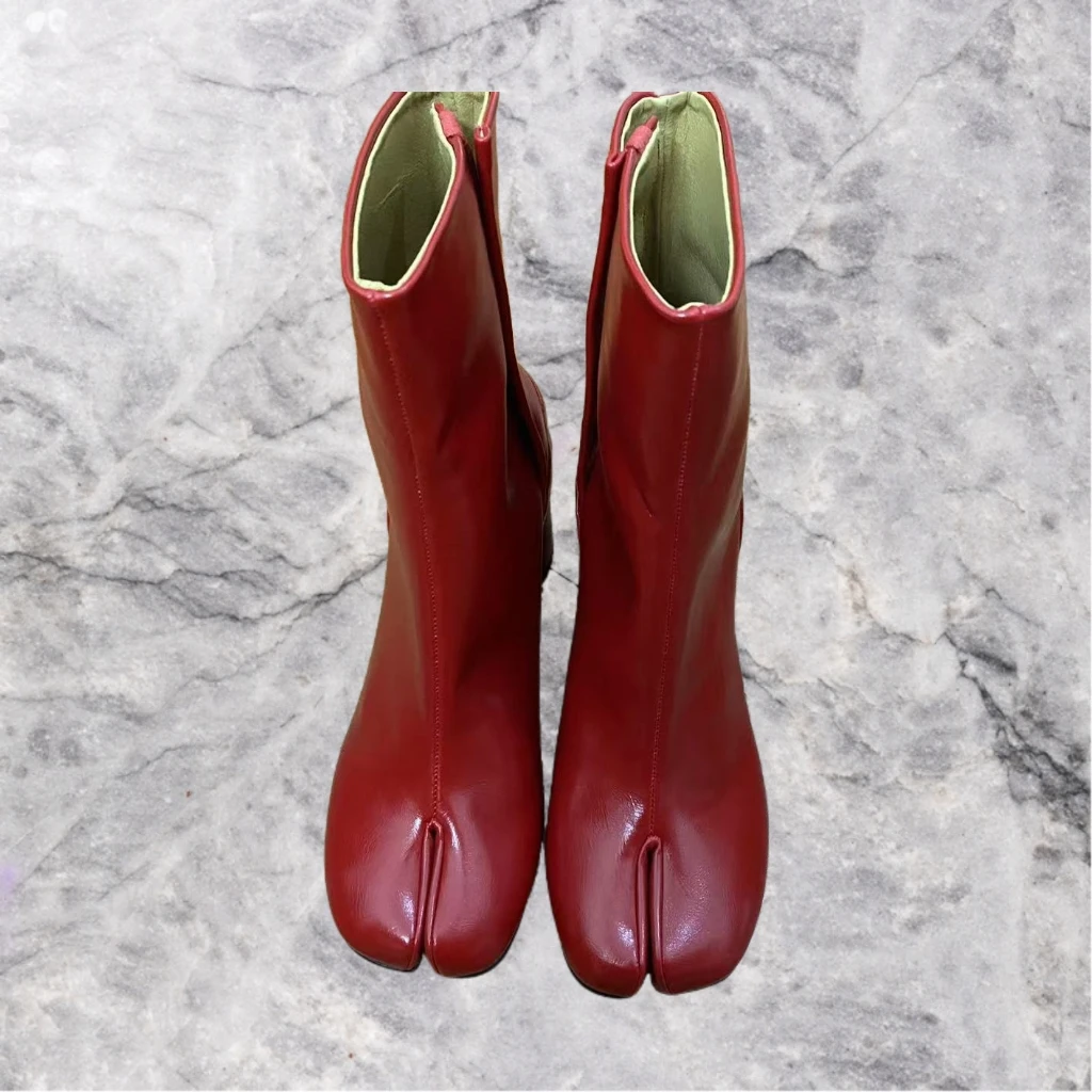 Deep Red Designed Fashion Women Short Boots Middle-calf Round Low Heel Square Tabi Toe Solid  Button Autumn Winter Ladies Shoes