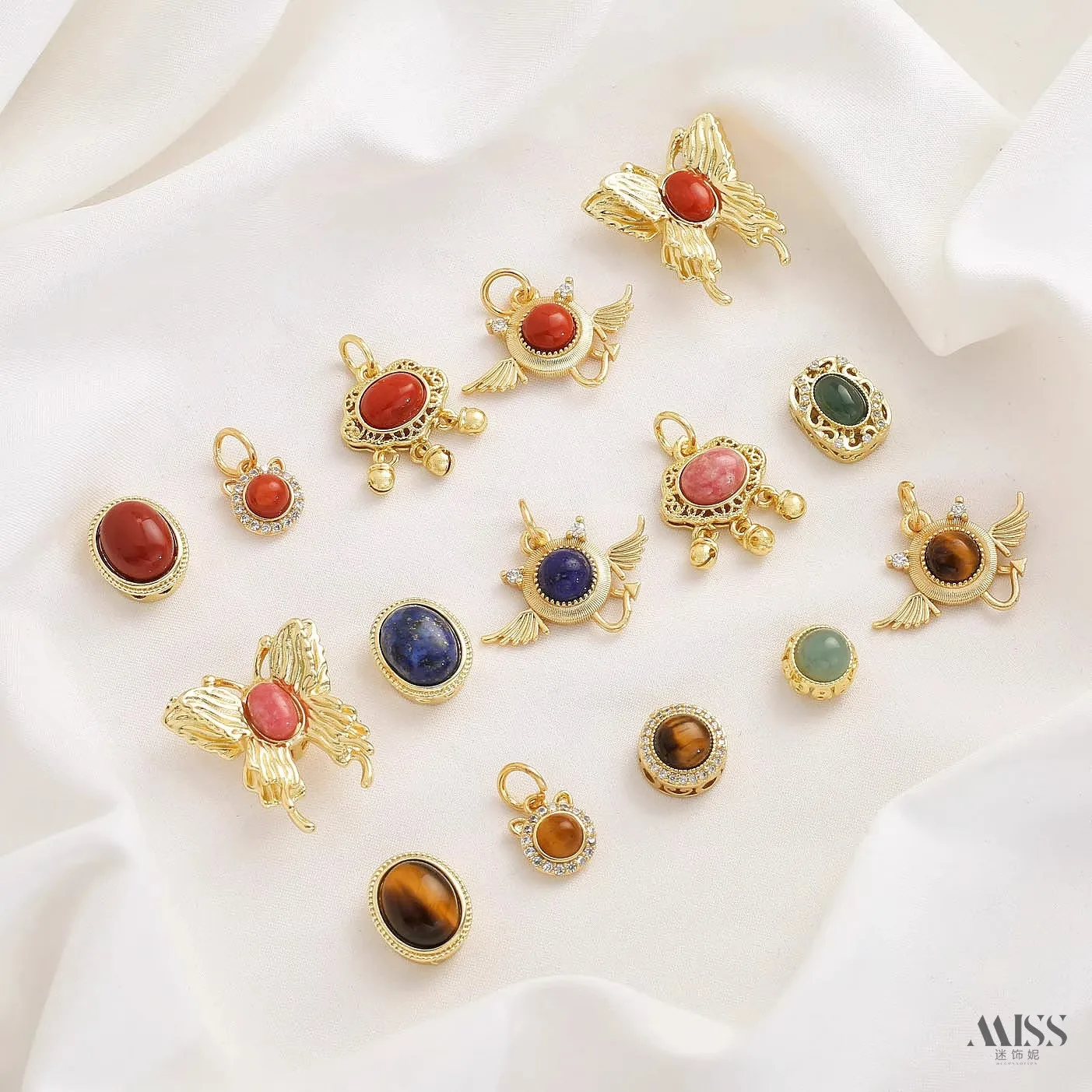 18K Gold Plated Bead Pendants, Natural Rose Quartz, Blue Water Jadeite South Red Agate & Tiger Eye Stone DIY Jewelry Accessories