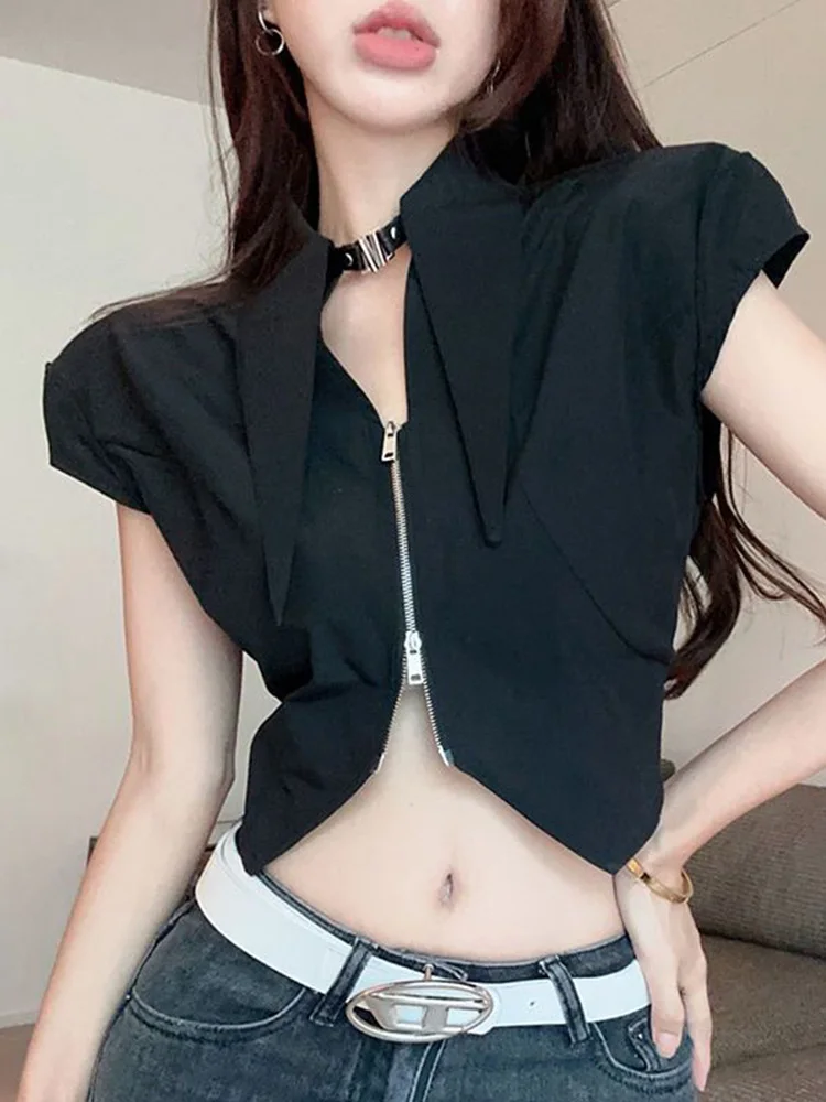 

Jmprs Sexy Cropped Y2K Shirt Women Slim Streetwear Design Gothic Blouse Vintage Summer Short Sleeve Casual Double Zipper Tops