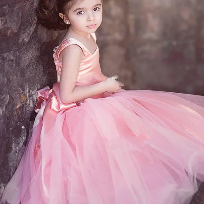 

New Flower Girl Dress Listing Cute Pink Tulle Puffy Ball Gown First Communion Princess Kid Birthday Gown Celebration