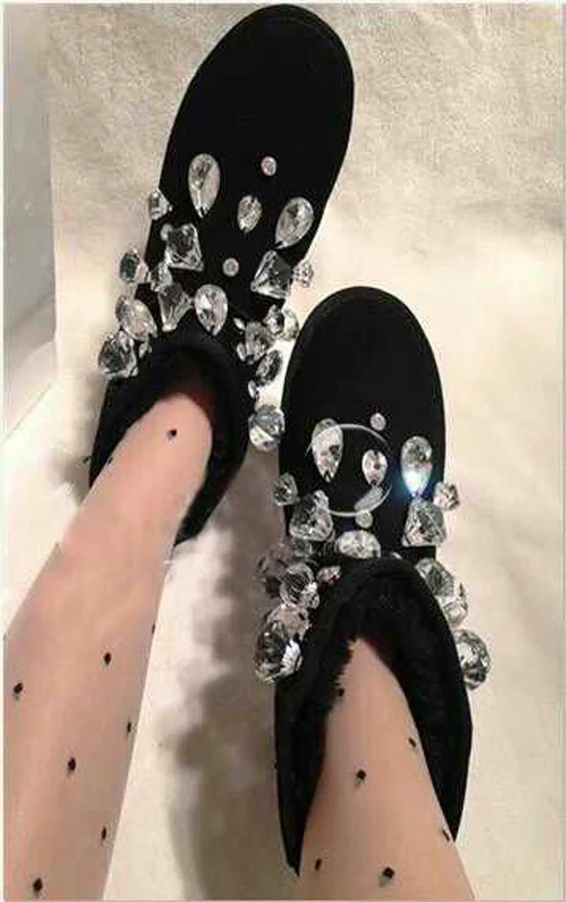 Bling Pure Rhinestone szyte śniegowe buty czarne krowy zamszowe nity szpilki gruba podeszwa zimowe botki kobieta ciepłe pluszowe futrzane botki