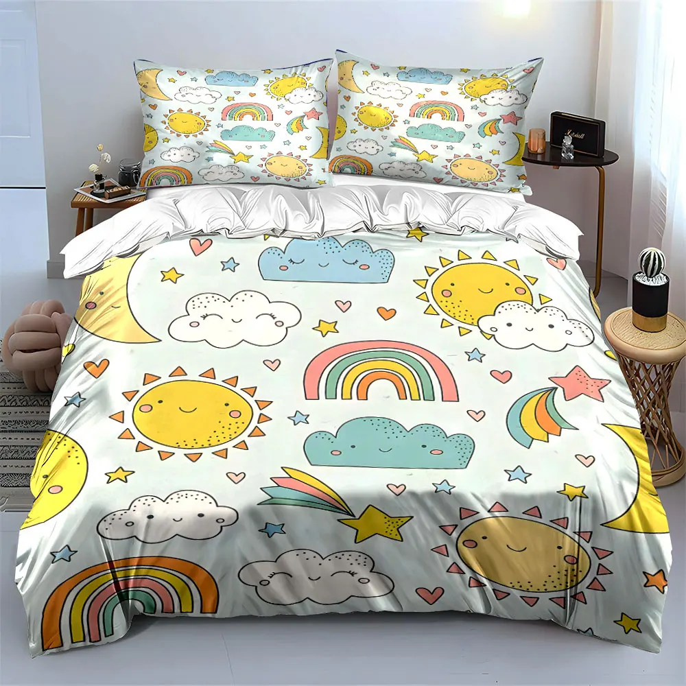 Cartoon sun rainbow cloud background Printed Duvet Cover Set 1 Duvet Cover+2 Pillowcase Multi Size Bedroom Bedding Decoration
