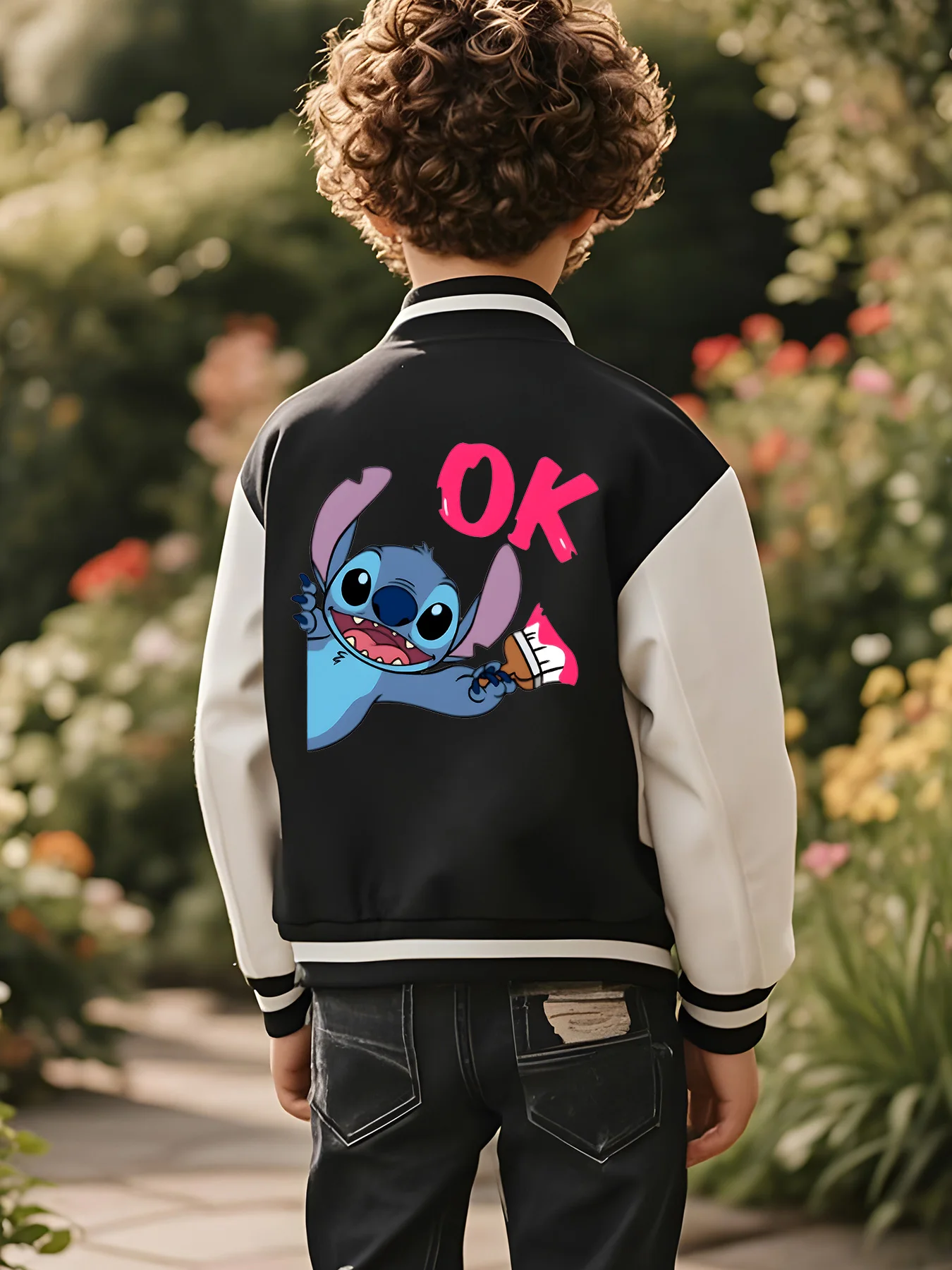 سترة بيسبول MINISO Disney OK Stitch للأولاد - طباعة غرزة عصرية على الوجهين، "OK"، قماش ناعم، مريح ومتعدد الاستخدامات #3
