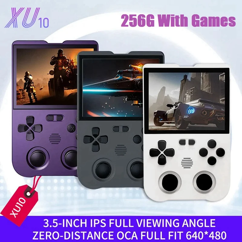 HOT-XU10 Game Console 3.5 Inch IPS Screen 256G Arcade Retro Dual Joystick 3D Game Player RK3326S 64Bit 3000Mah