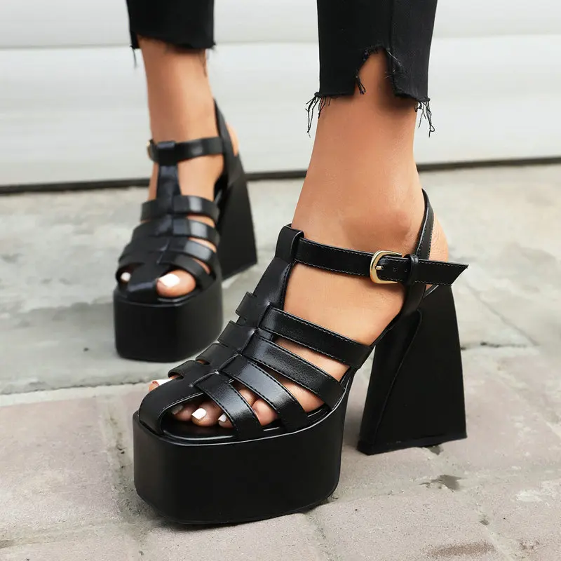 

Europe Big Size 44 T-strap Hallow Summer Woman Shoes Triangle Shape Heels Punk Gothic Fisherman Red White Lady Platform Sandals