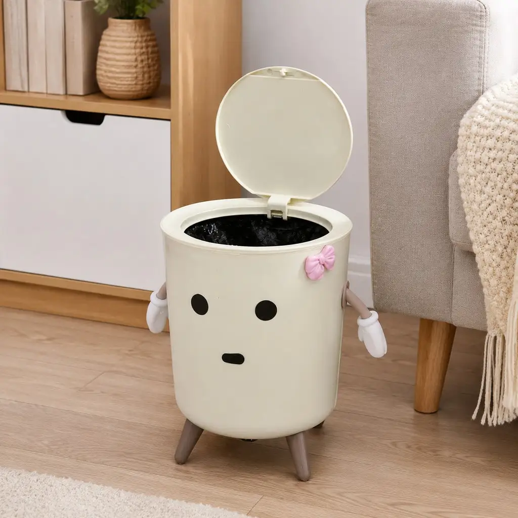 1pc Cream DIY Bow‑Decor Face Trash Can, Cartoon Round Lidded Household Bin With Hands & Legs, Bedroom Vanity Indoor Daily Home Scenes