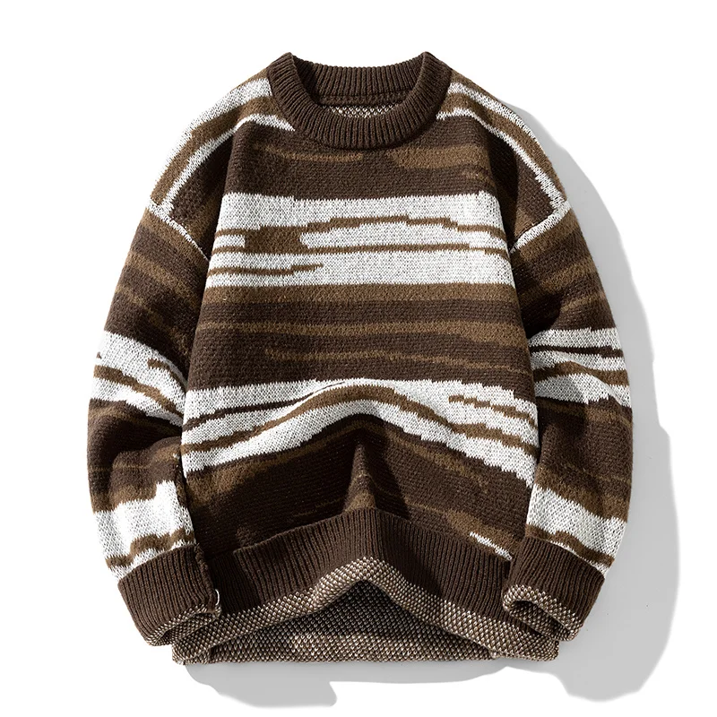 Japanese Collision Knitwear Retro Couple Street Striped Sweater Winter Men Women Loose Sweater Round Neck Pullover Knitting