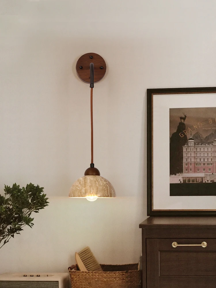 

Yellow travertine Japanese-style wabi-sabi wind bedroom bedside wall lamp Nordic living room walnut retro homestay lamp